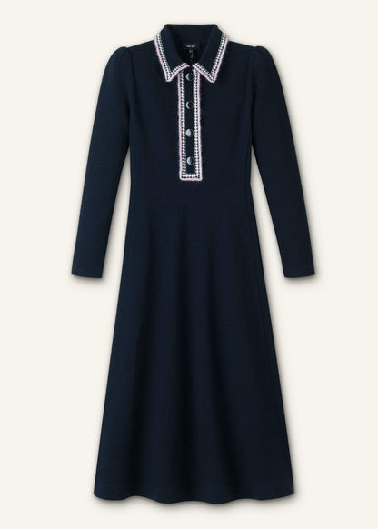 Navy Crochet Trim Fit and Flare Midi Dress | ME+EM