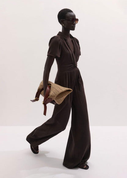 Brown Twisted Front Cheesecloth Jumpsuit | ME+EM