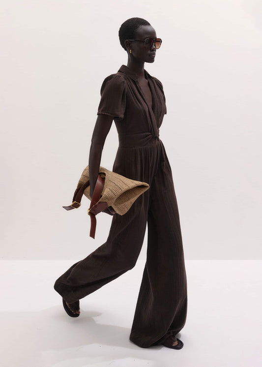 Brown Twisted Front Cheesecloth Jumpsuit | ME+EM