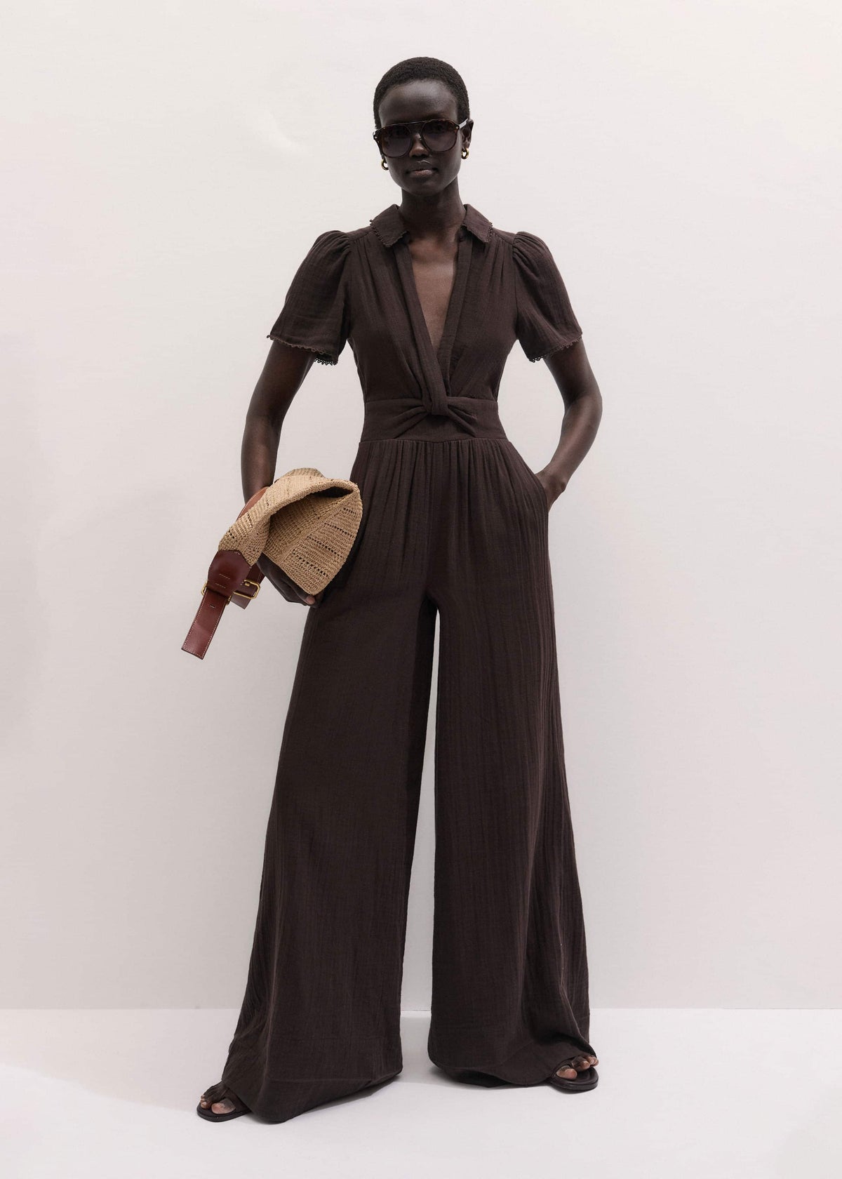 Brown Twisted Front Cheesecloth Jumpsuit | ME+EM