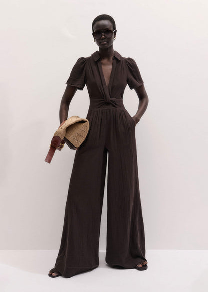 Brown Twisted Front Cheesecloth Jumpsuit | ME+EM