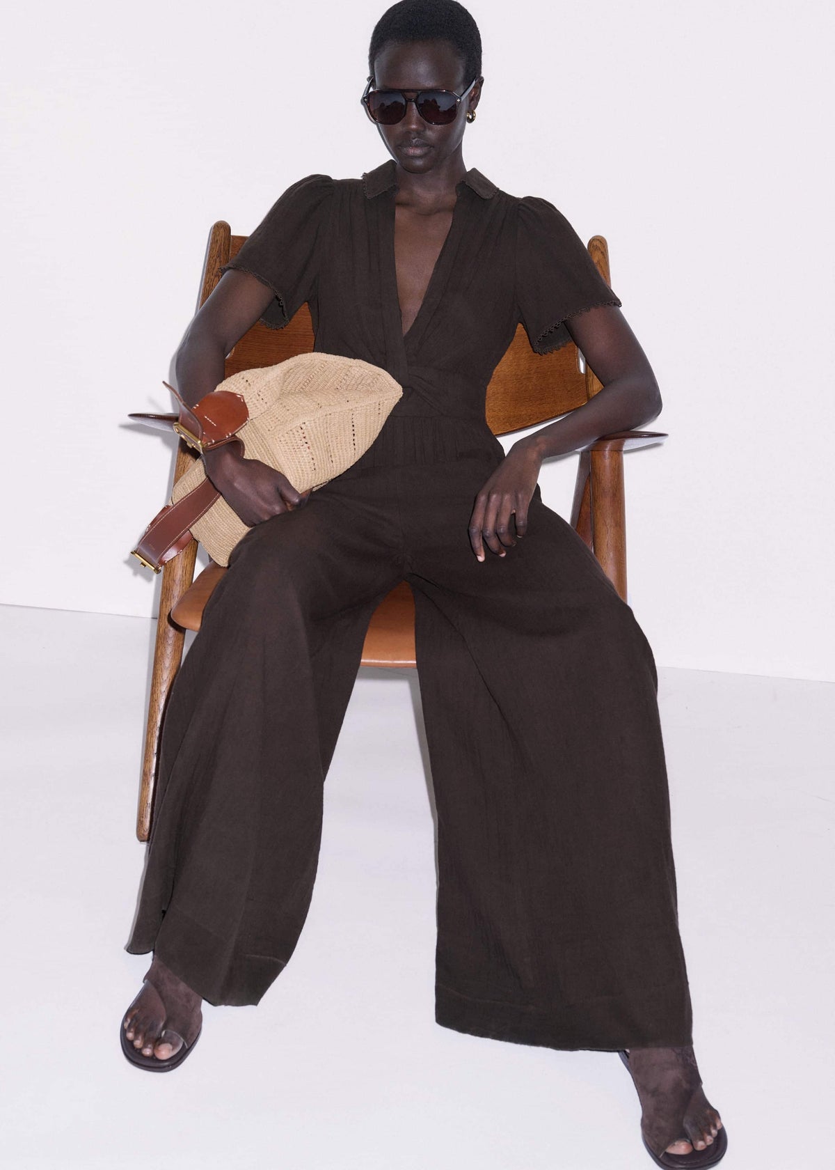 Brown Twisted Front Cheesecloth Jumpsuit | ME+EM