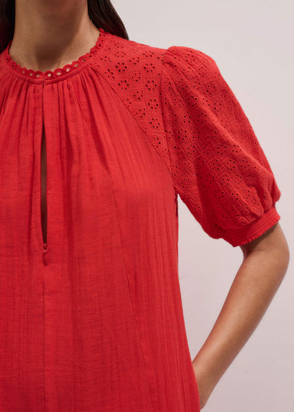Red Embroidered Cheesecloth Short Dress | ME+EM