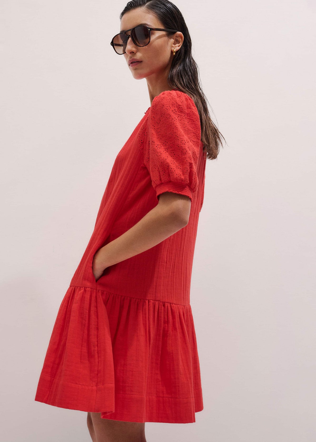 Red Embroidered Cheesecloth Short Dress | ME+EM