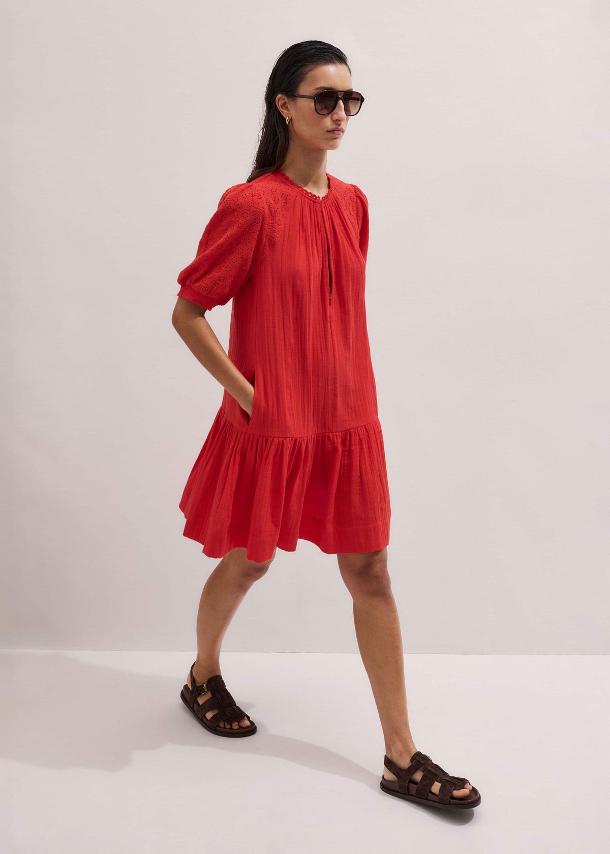 Red Embroidered Cheesecloth Short Dress | ME+EM