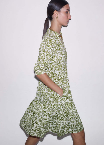 Green Entangled Lace Print Tiered Short Dress | ME+EM