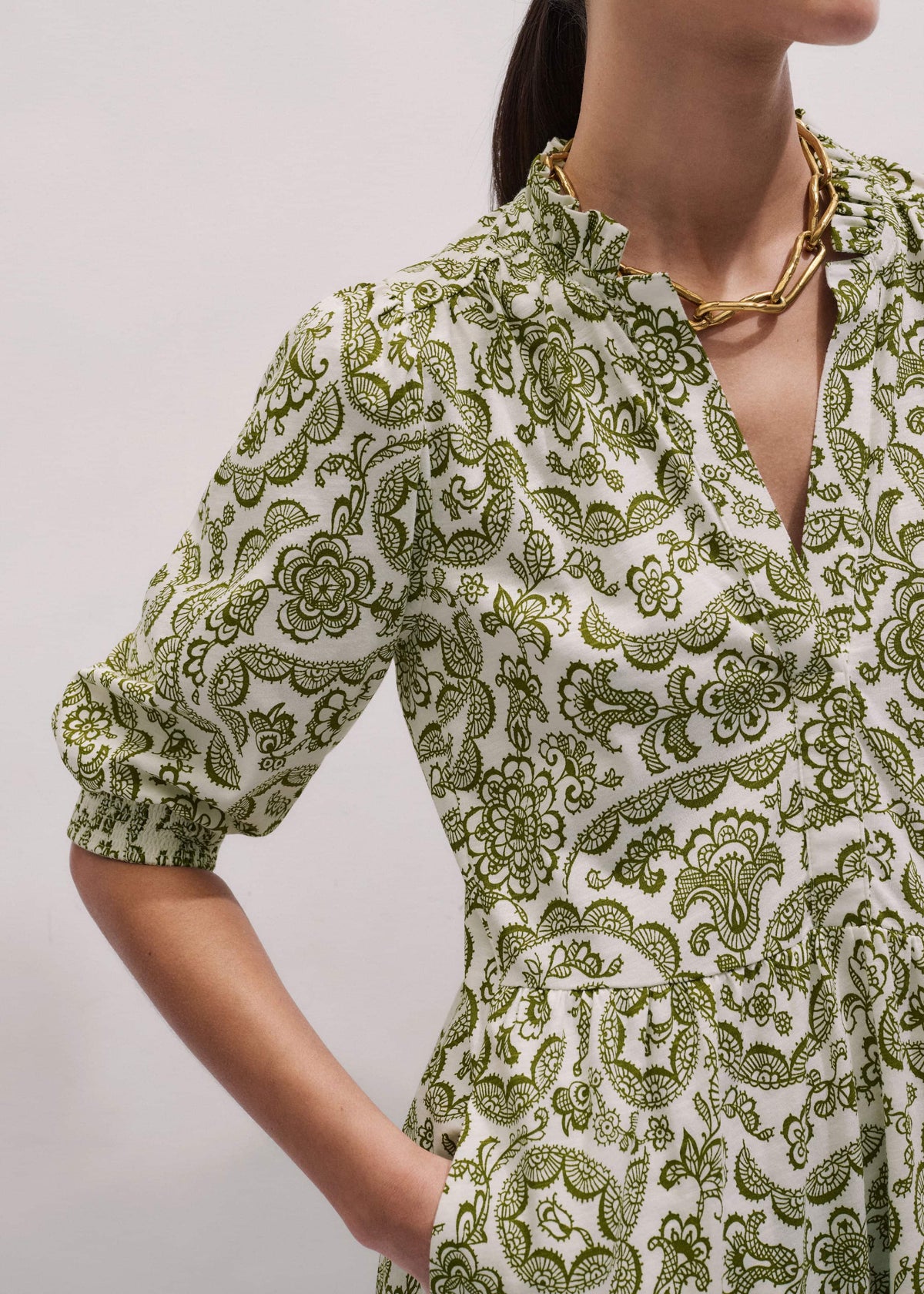 Green Entangled Lace Print Tiered Short Dress | ME+EM