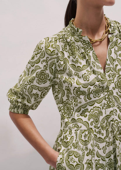 Green Entangled Lace Print Tiered Short Dress | ME+EM