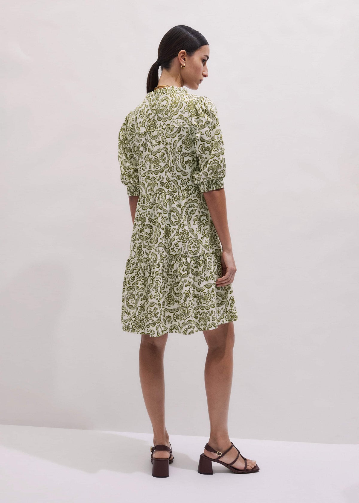 Green Entangled Lace Print Tiered Short Dress | ME+EM
