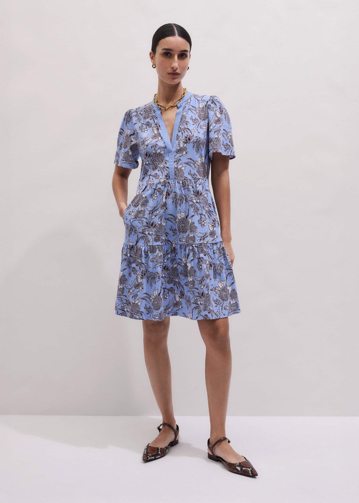 Blue Printed Tiered Short Dress | ME+EM