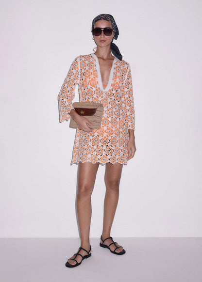 Orange Floral Crochet Mini Beach Dress | ME+EM