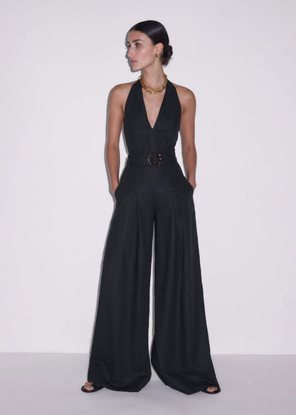Black Crease-Less Linen Halterneck Wide Jumpsuit | ME+EM