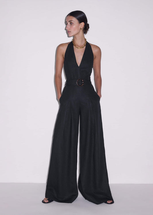 Black Crease-Less Linen Halterneck Wide Jumpsuit | ME+EM