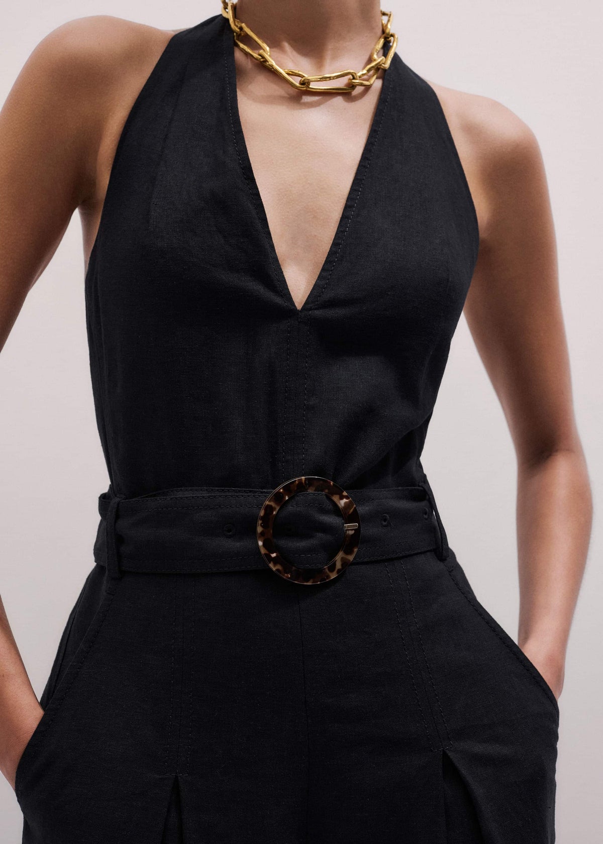 Black Crease-Less Linen Halterneck Wide Jumpsuit | ME+EM
