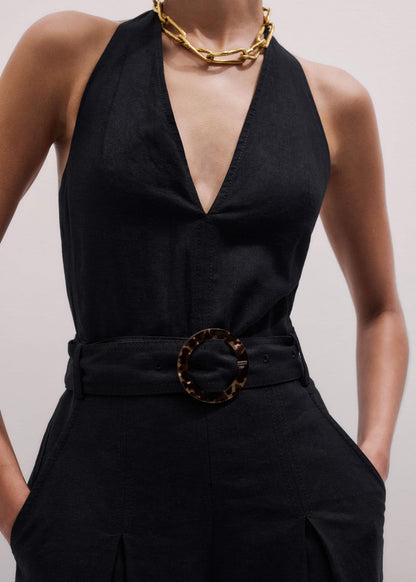 Black Crease-Less Linen Halterneck Wide Jumpsuit | ME+EM