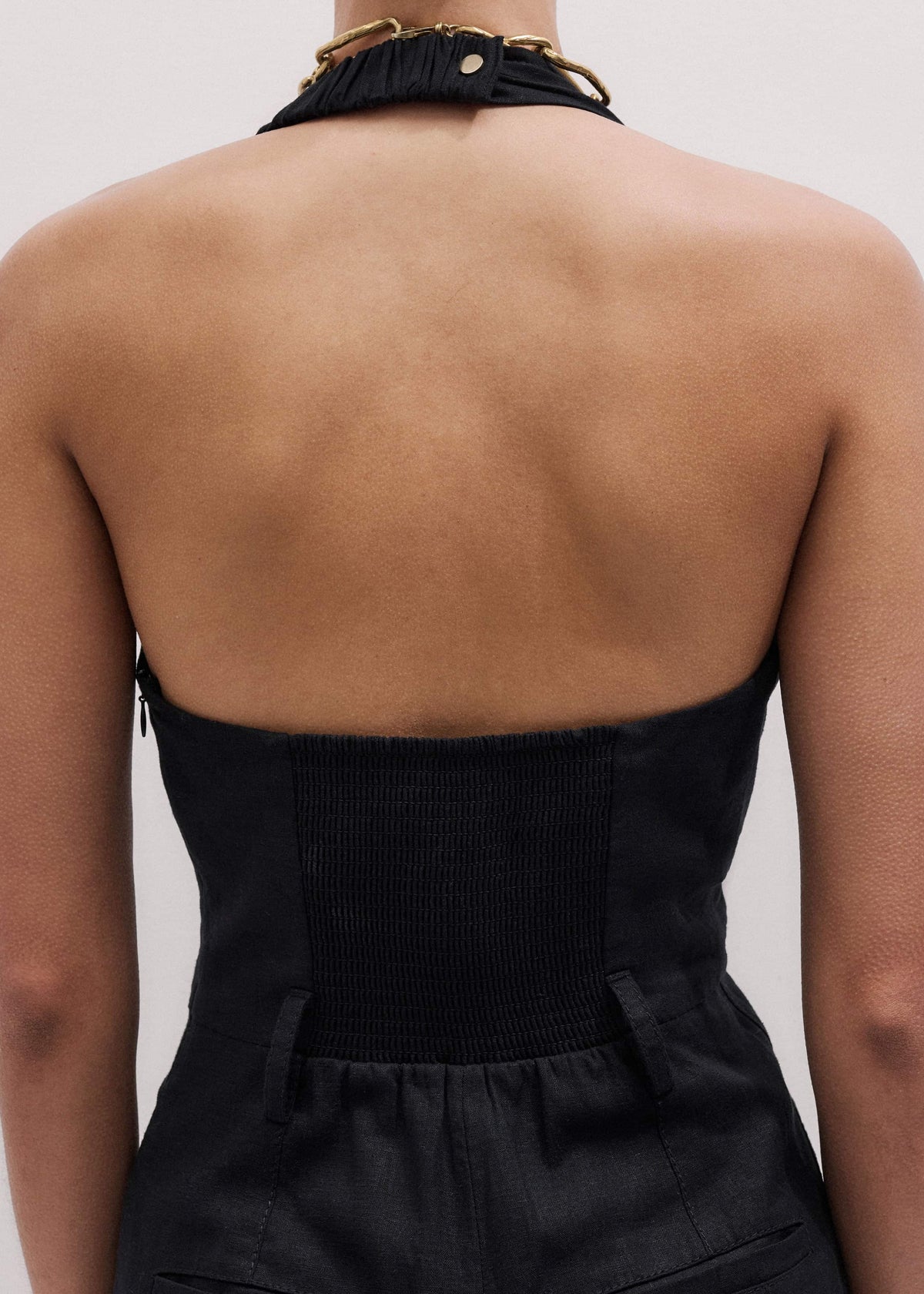 Black Crease-Less Linen Halterneck Wide Jumpsuit | ME+EM