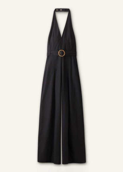 Black Crease-Less Linen Halterneck Wide Jumpsuit | ME+EM