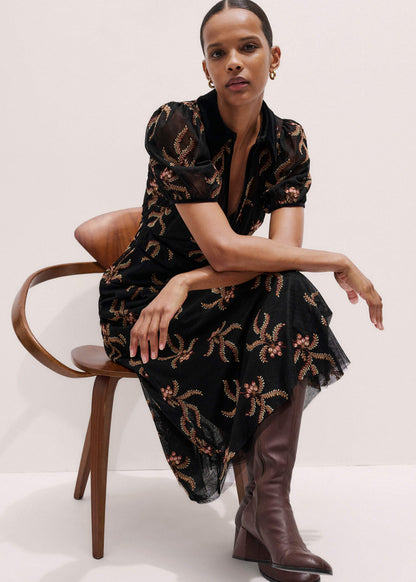 Black Autumn Floral Embroidery Maxi Dress | ME+EM