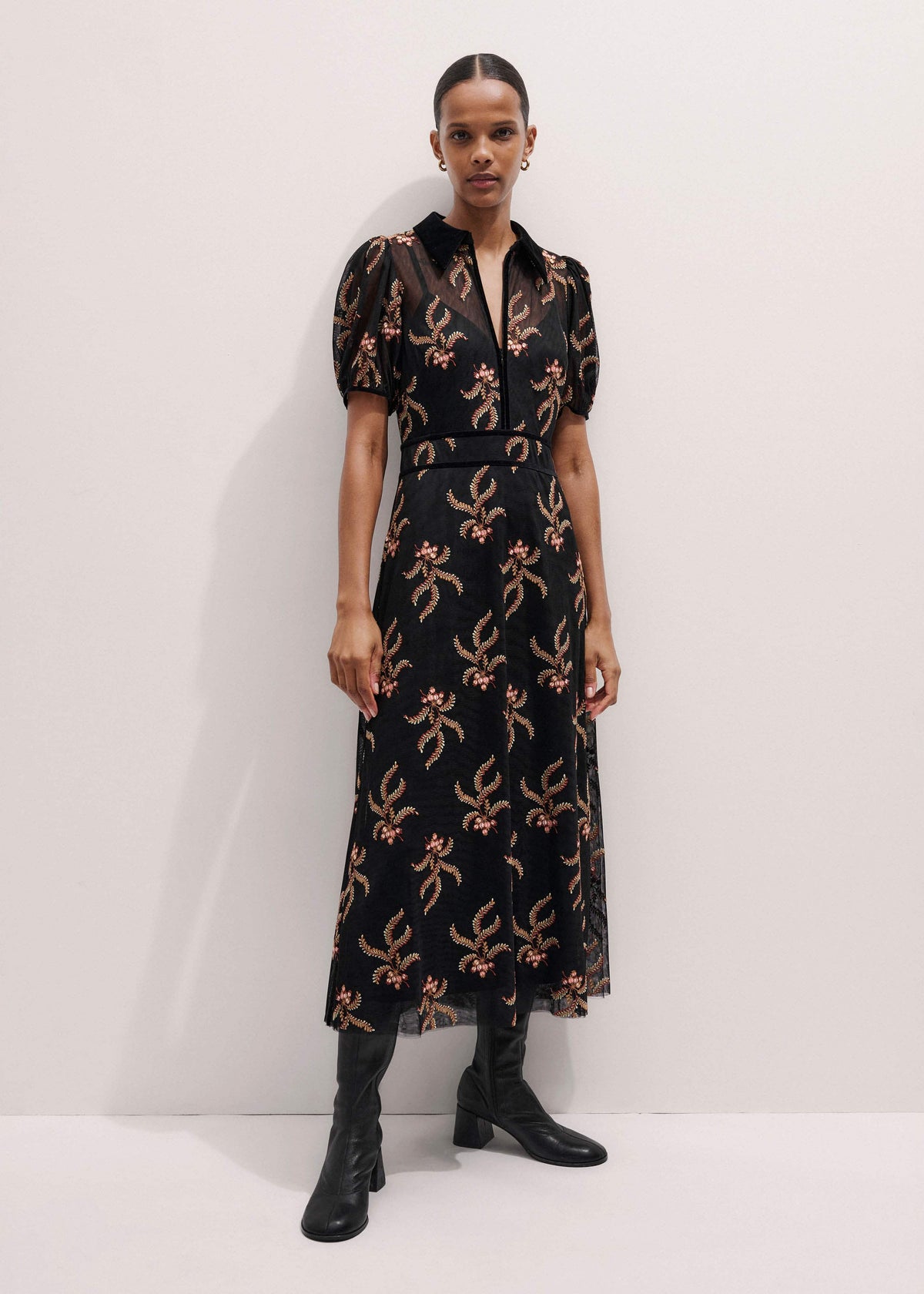 Black Autumn Floral Embroidery Maxi Dress | ME+EM