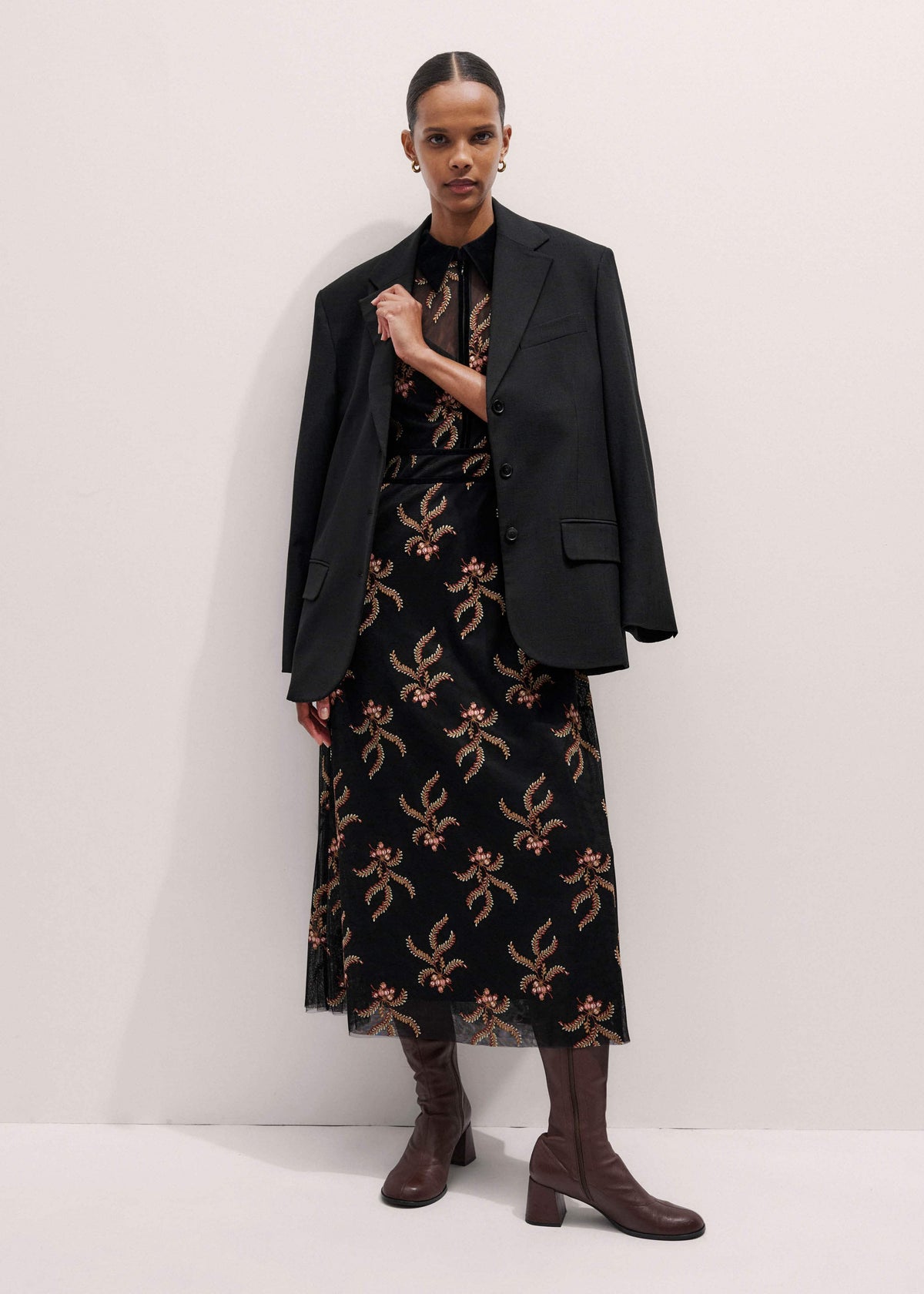Black Autumn Floral Embroidery Maxi Dress | ME+EM