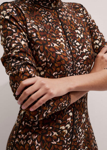 Brown Twisting Feather Print High Neck Maxi Dress | ME+EM