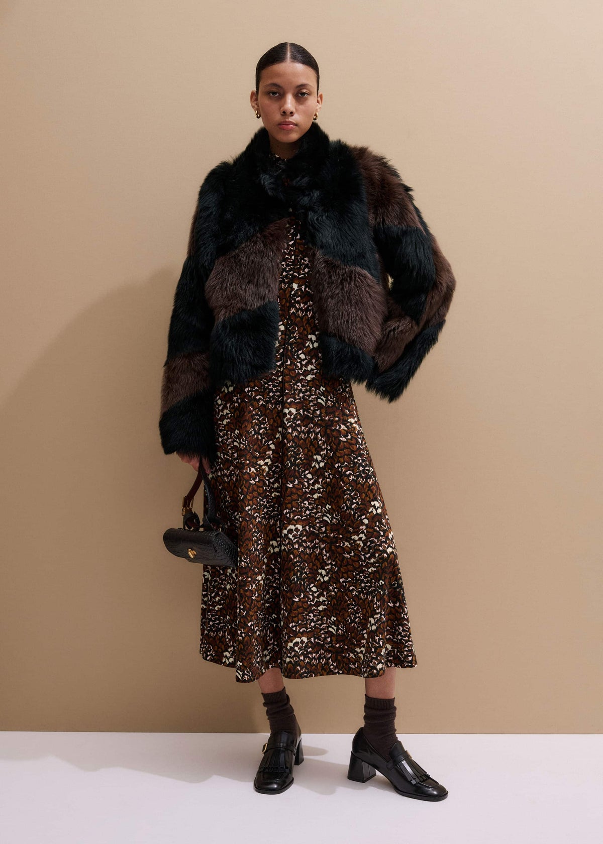 Brown Twisting Feather Print High Neck Maxi Dress | ME+EM