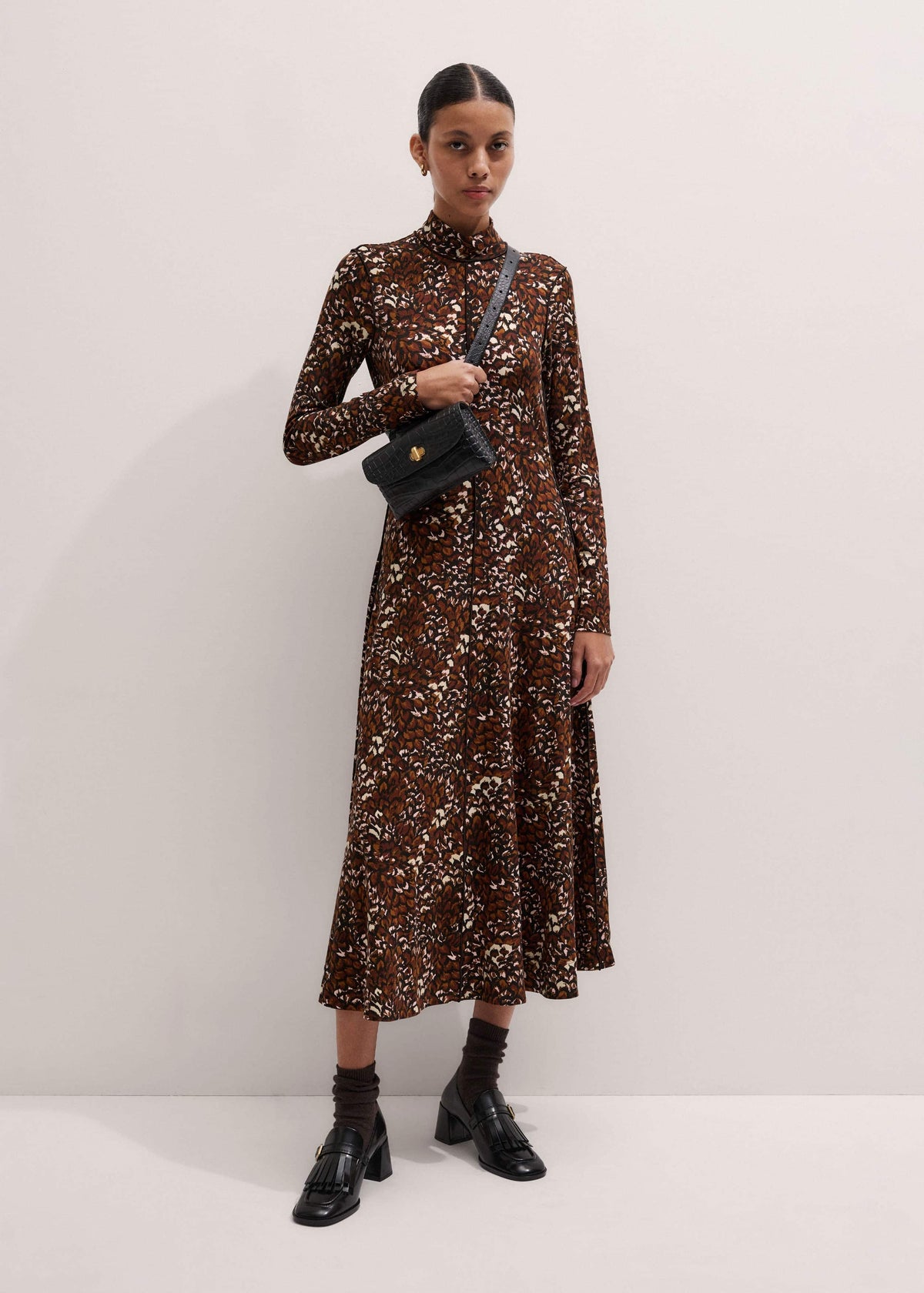 Brown Twisting Feather Print High Neck Maxi Dress | ME+EM