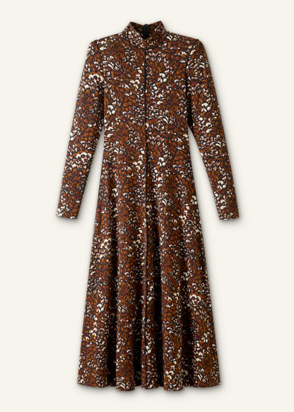 Brown Twisting Feather Print High Neck Maxi Dress | ME+EM