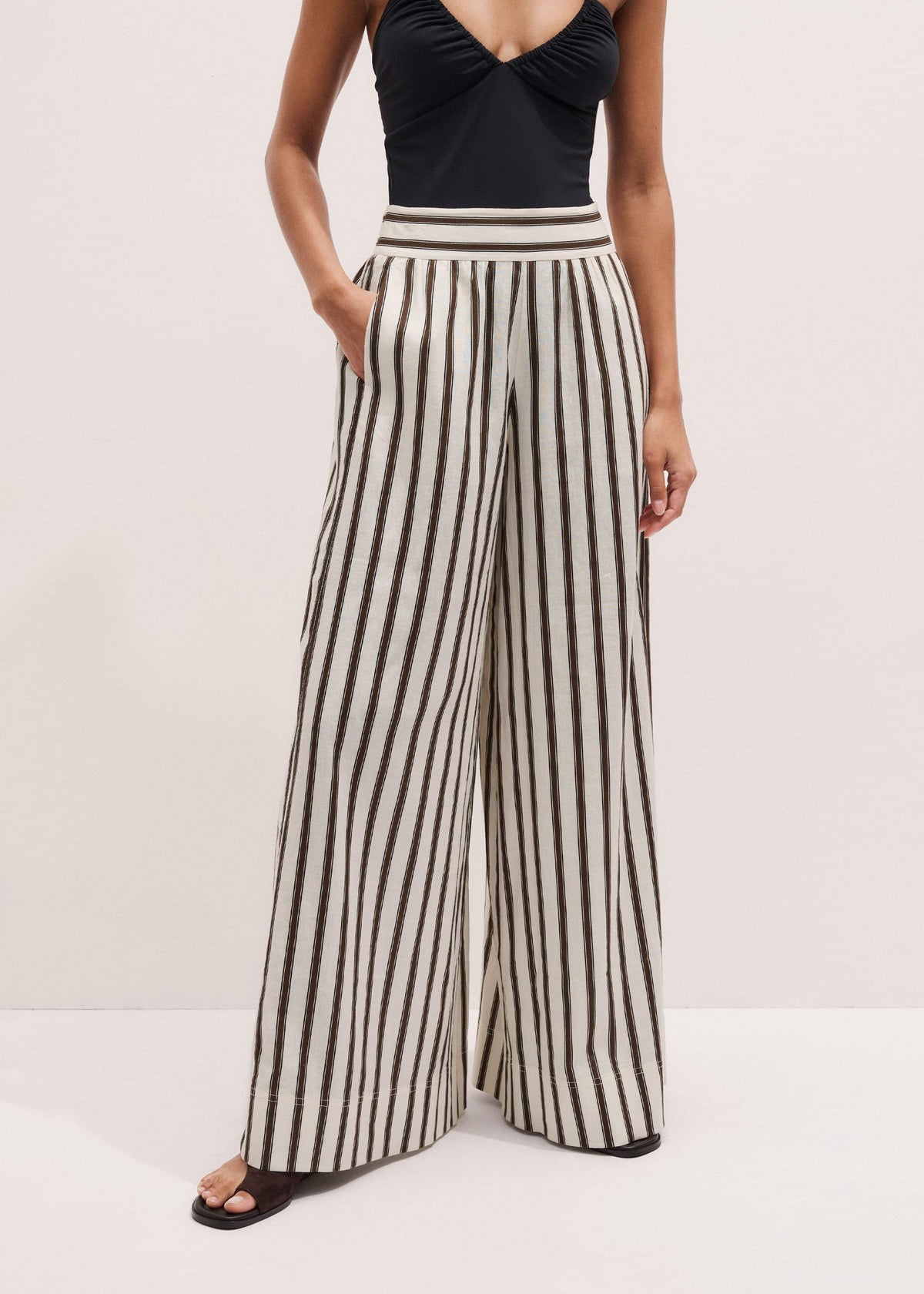 Cream Linen-Blend Spring Stripe Wide-Leg Pant | ME+EM