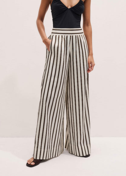 Cream Linen-Blend Spring Stripe Wide-Leg Pant | ME+EM