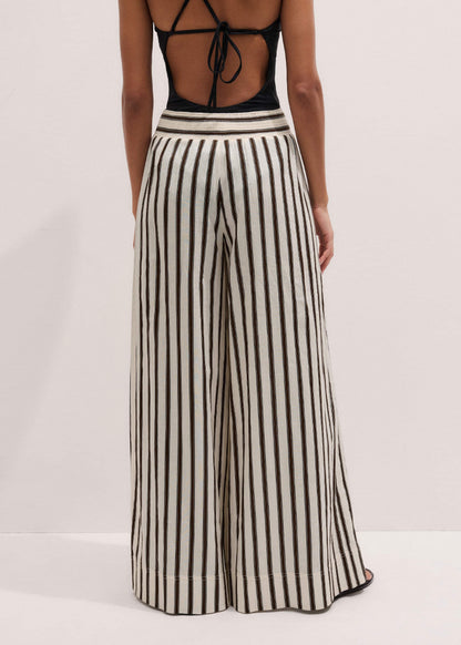Cream Linen-Blend Spring Stripe Wide-Leg Pant | ME+EM