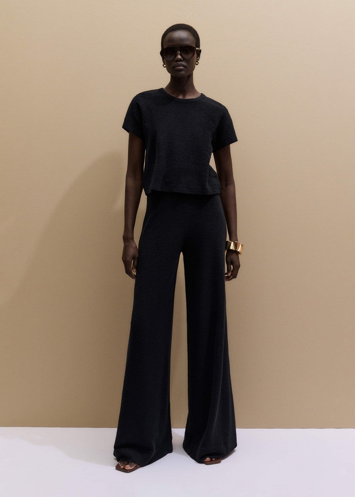 Black Textured Wide-Leg Palazzo Pant | ME+EM