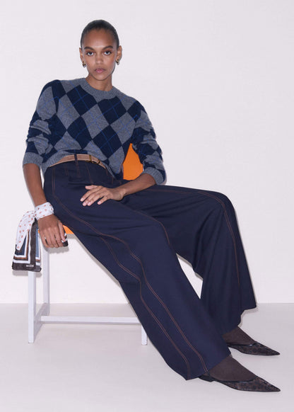 Navy Contrast Top Stitch Wide-Leg Pant | ME+EM