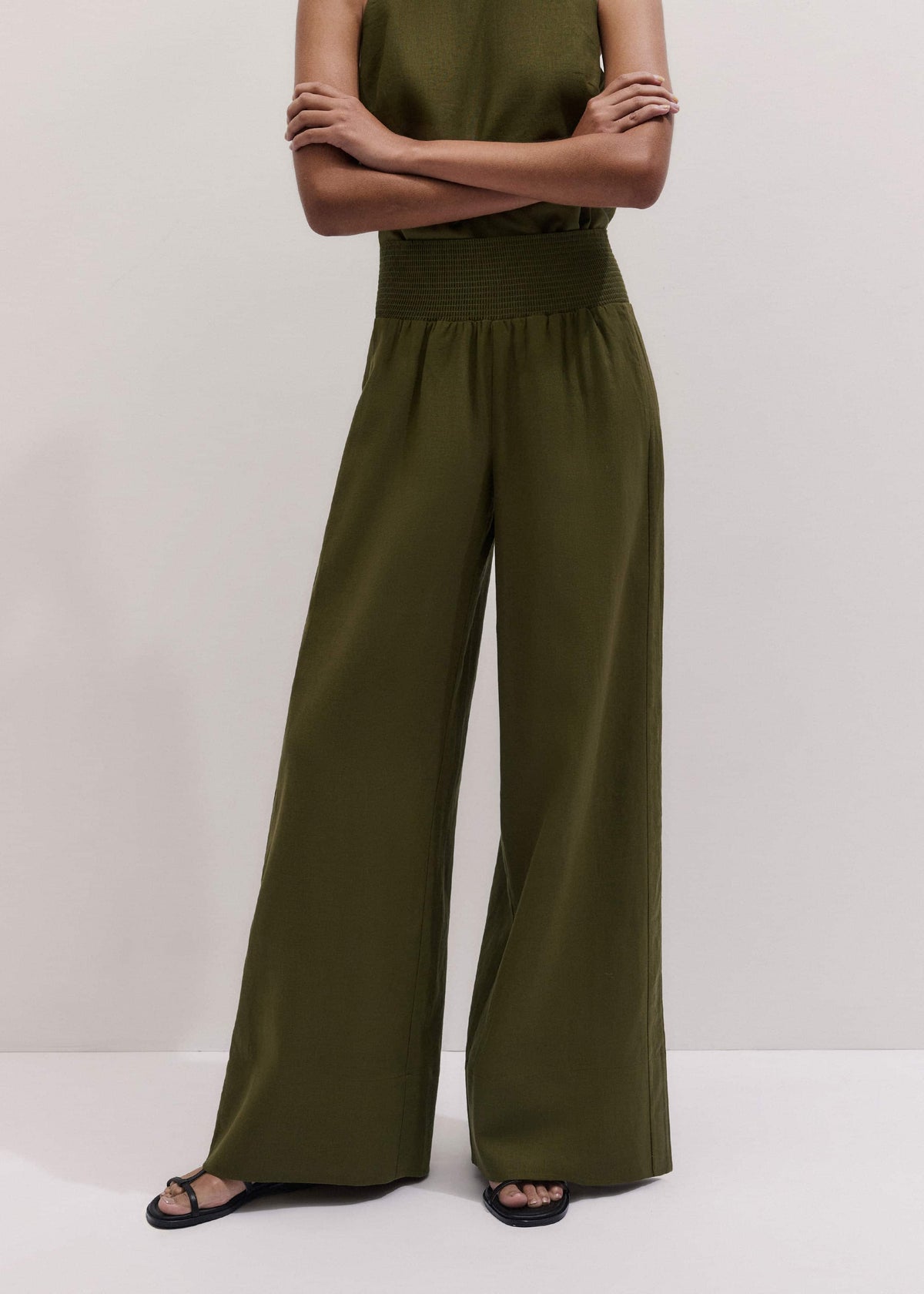 Olive Green Shirred Wide Pant | ME+EM