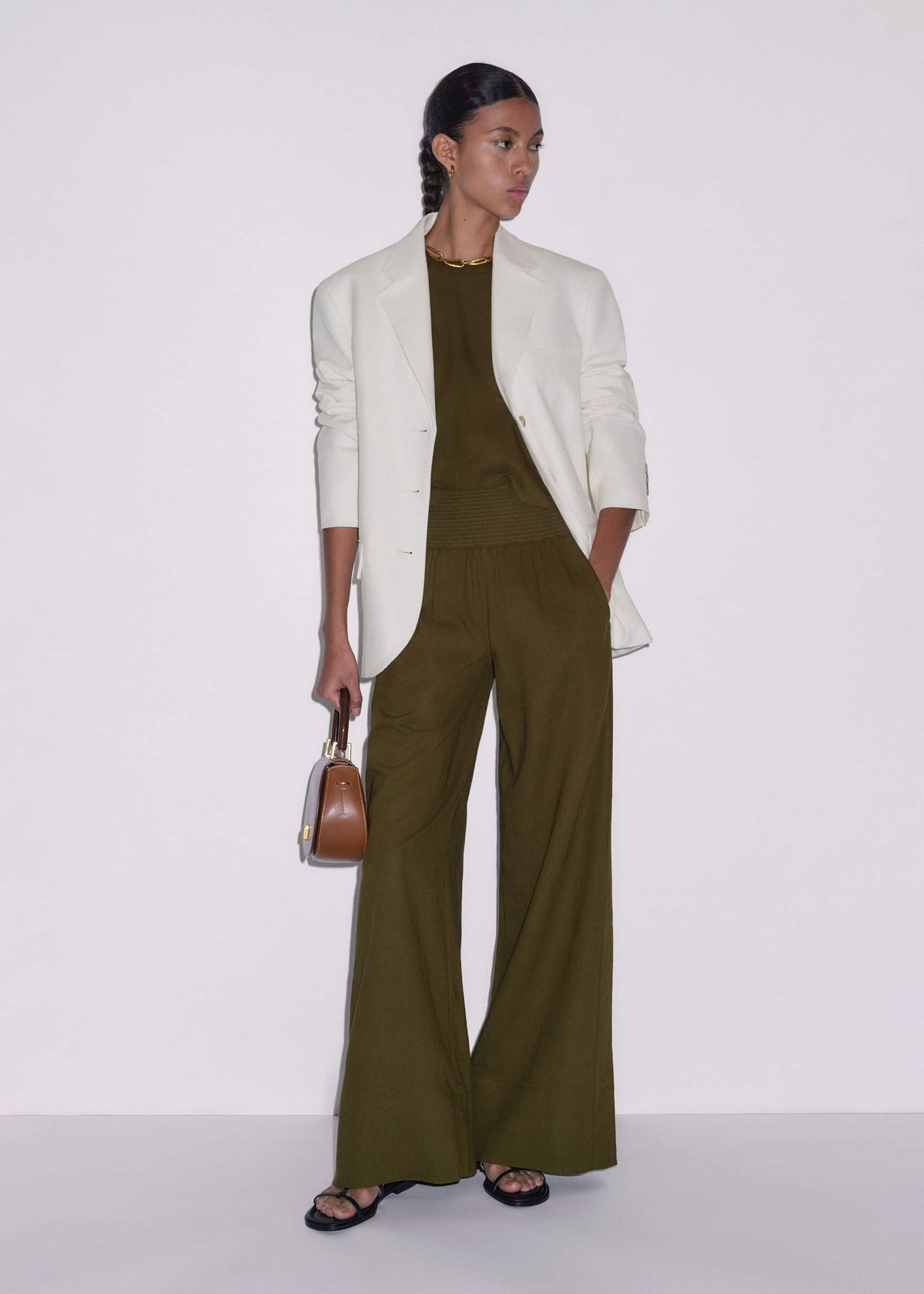 Olive Green Shirred Wide Pant | ME+EM