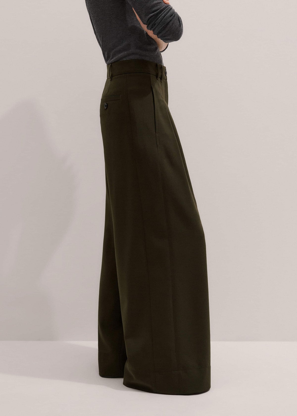 Olive Green Wide-Leg Double Pleat Pant | ME+EM