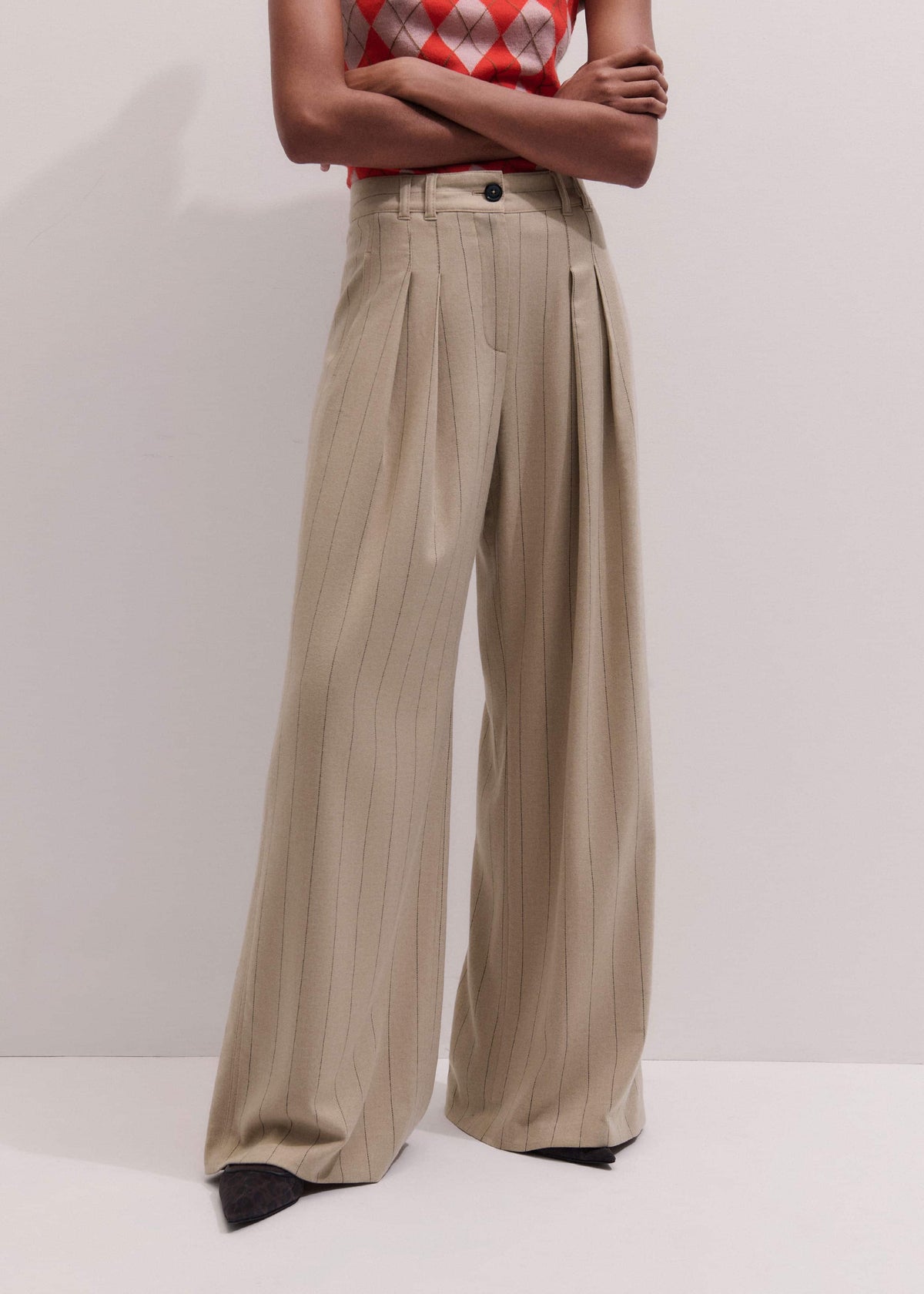 Brown Wide-Leg Double Pleat Pinstripe Pant | ME+EM