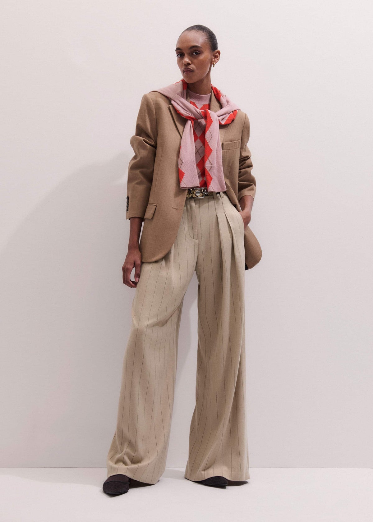 Brown Wide-Leg Double Pleat Pinstripe Pant | ME+EM