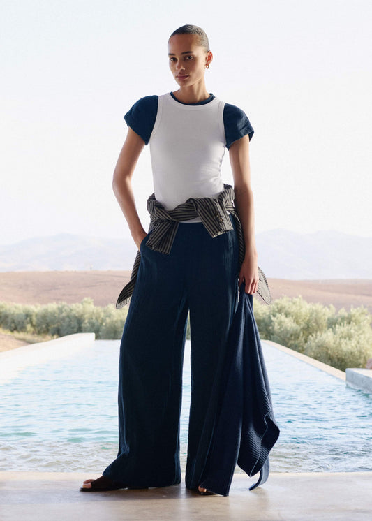 Navy Cheesecloth Wide-Leg Pant | ME+EM