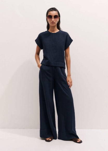 Navy Cheesecloth Wide-Leg Pant | ME+EM