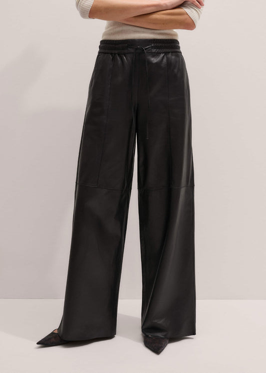 Warm Black Leather Wide-Leg Track Pant | ME+EM