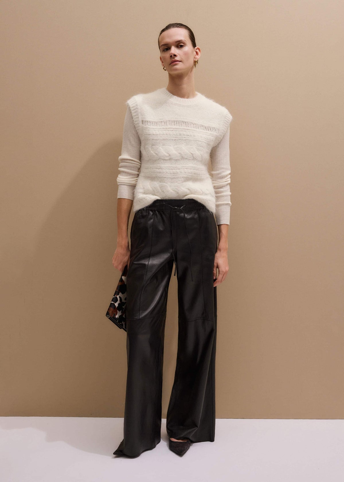 Warm Black Leather Wide-Leg Track Pant | ME+EM