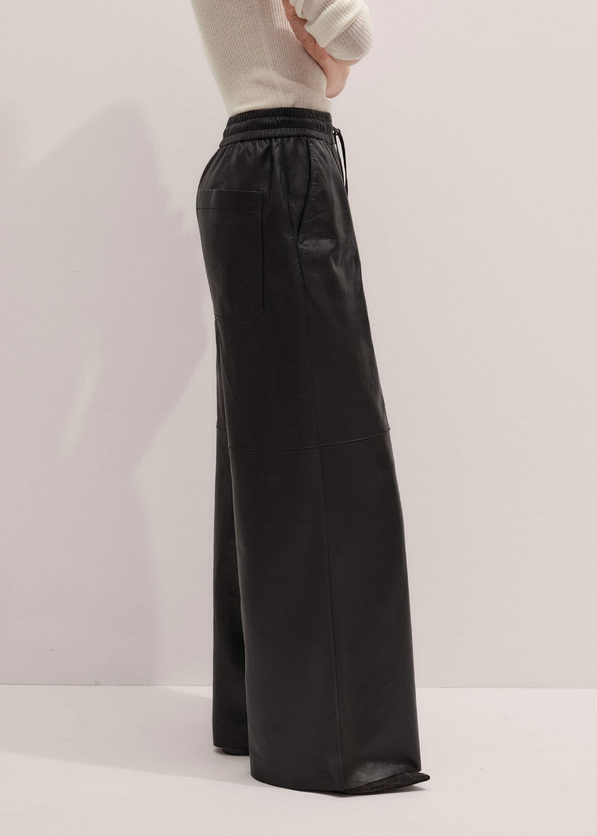 Warm Black Leather Wide-Leg Track Pant | ME+EM