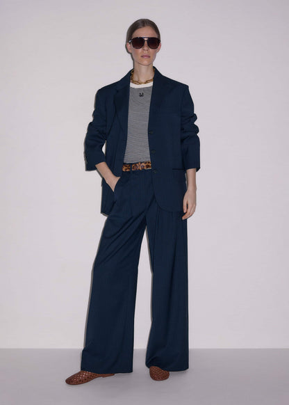 Navy Pinstripe Pleat Front Man Pant | ME+EM