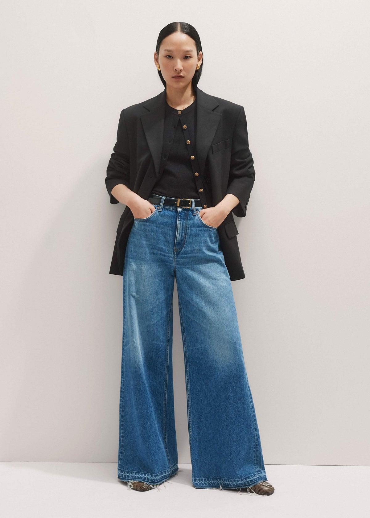 Blue Distressed Ultimate Wide-Leg Jean | ME+EM