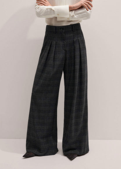 Gray Wool Wide-Leg Double Pleat Trouser | ME+EM