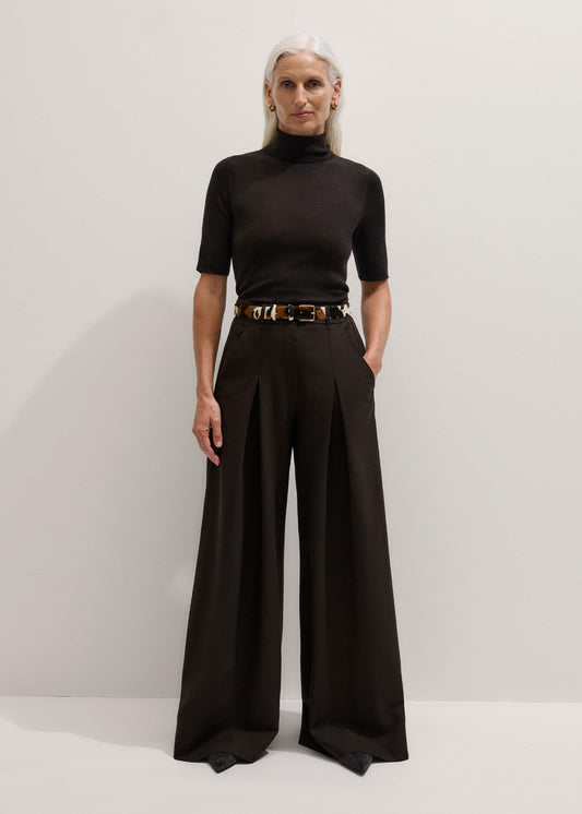 Brown Wool Ultimate Pleat-Front Wide-Leg Pant | ME+EM
