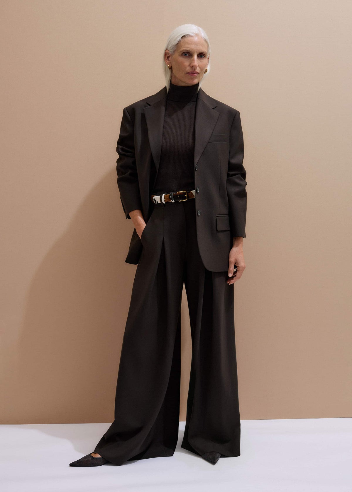 Brown Wool Ultimate Pleat-Front Wide-Leg Pant | ME+EM