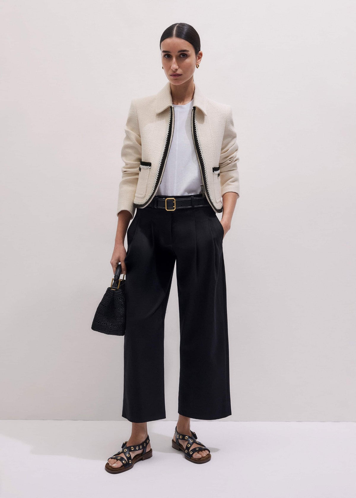 Black Straight Crop Pleat Front Pant | ME+EM