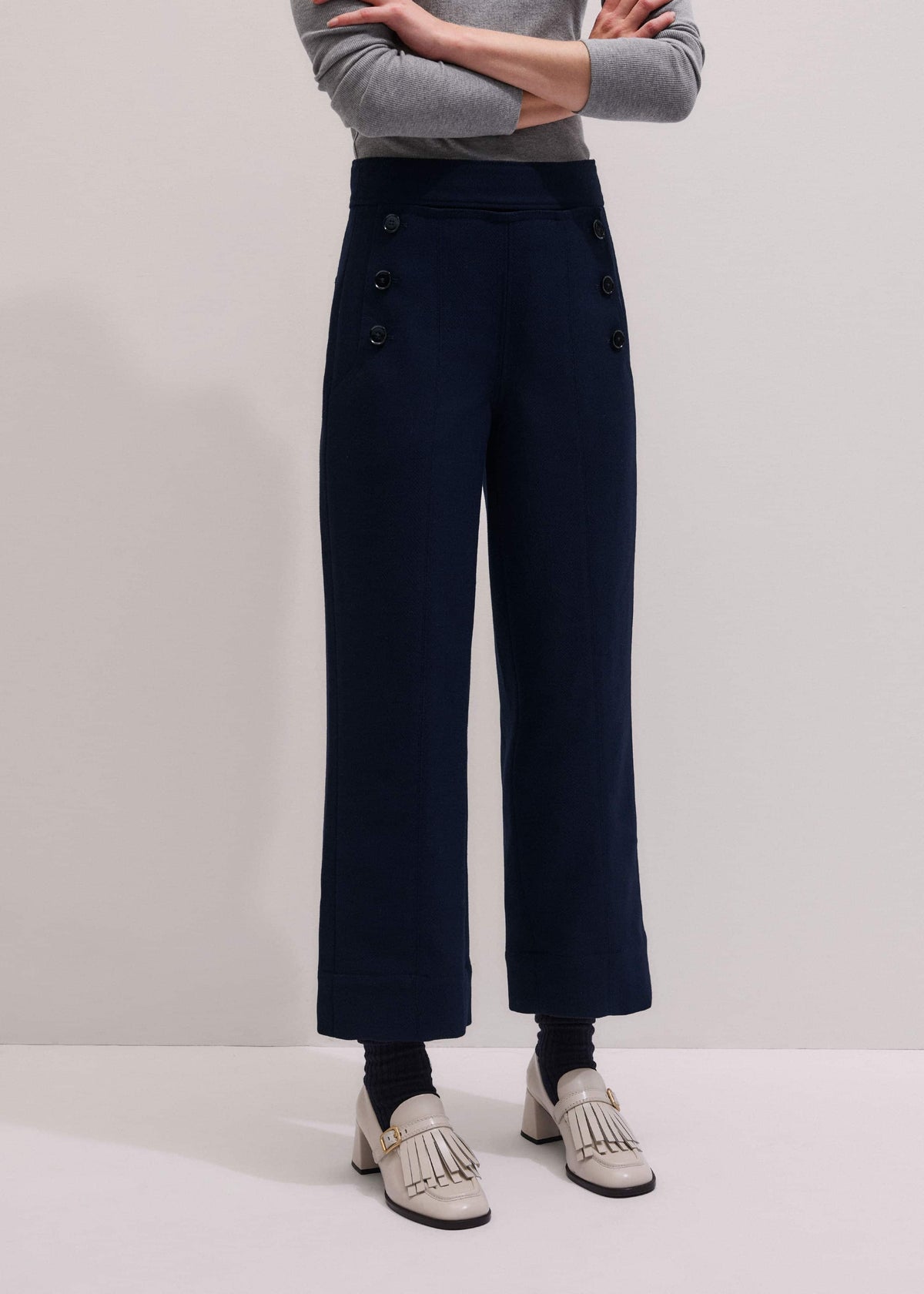 Navy Button Front Straight Crop Pant | ME+EM